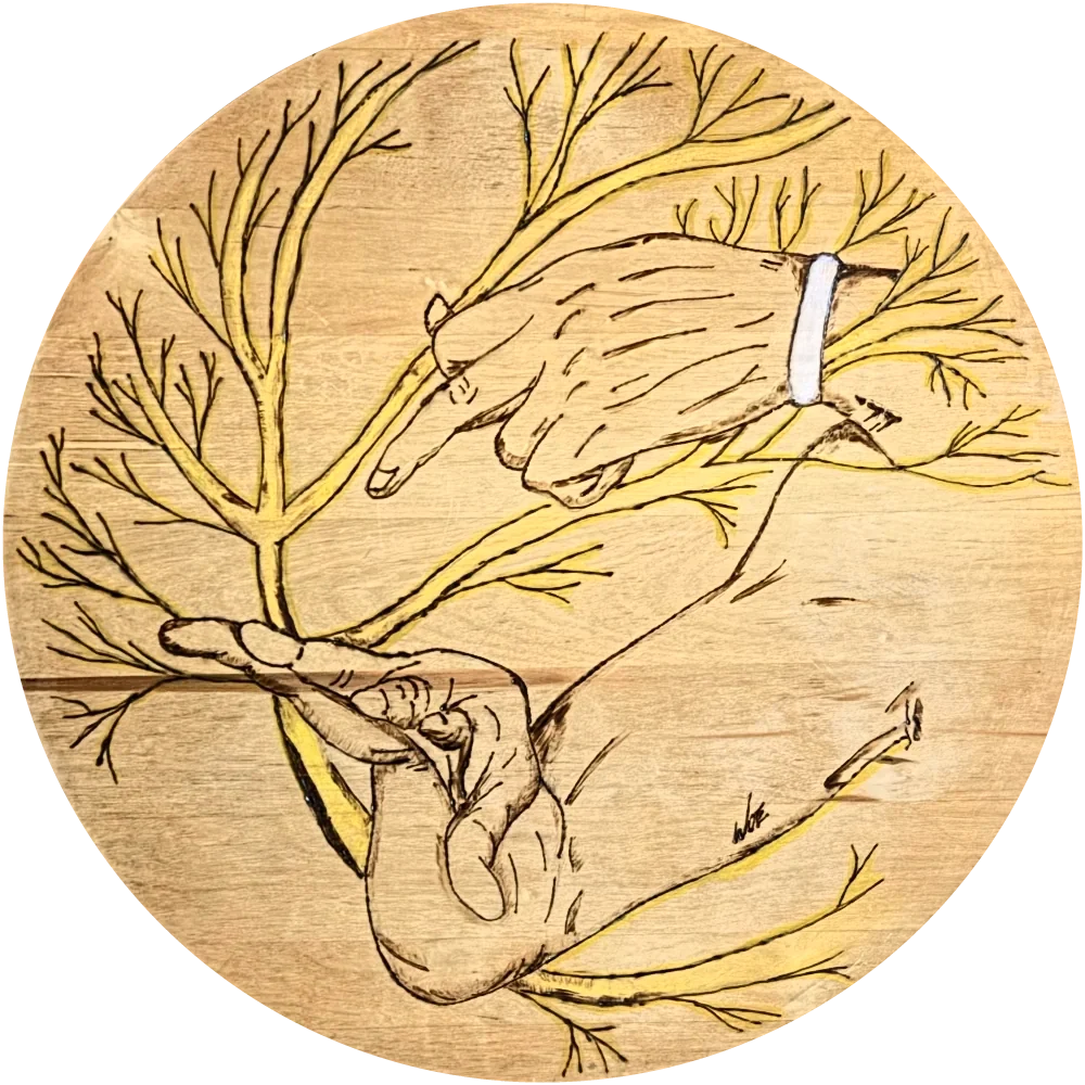Ring Me, a round wood burning with acrylic paint: two hands reaching among branching tree limbs highlighted in yellow, burned into a lazy susan.