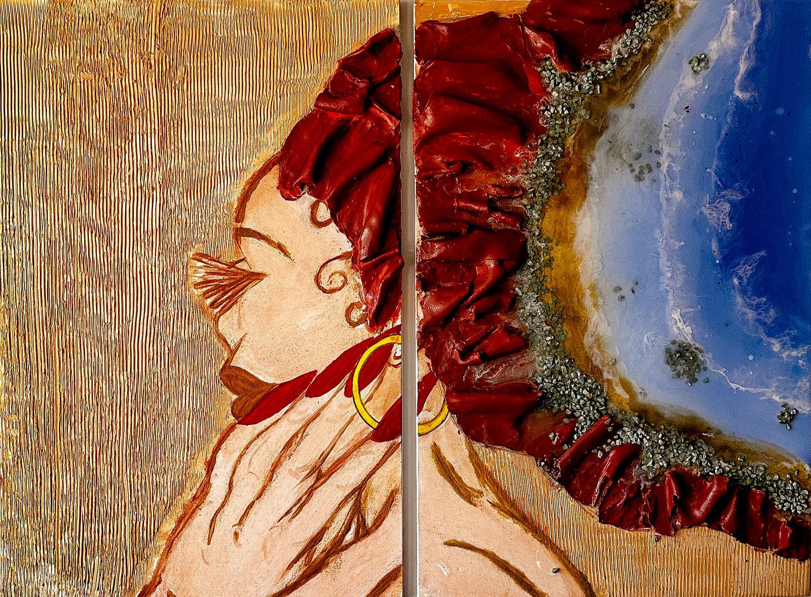 The Age of the Aquarius, a two-panel mixed media artwork: a woman in profile wearing a sculpted red clay headwrap and gold hoop earring, beside a blue resin geode edged with crystals, on a gold textured background.