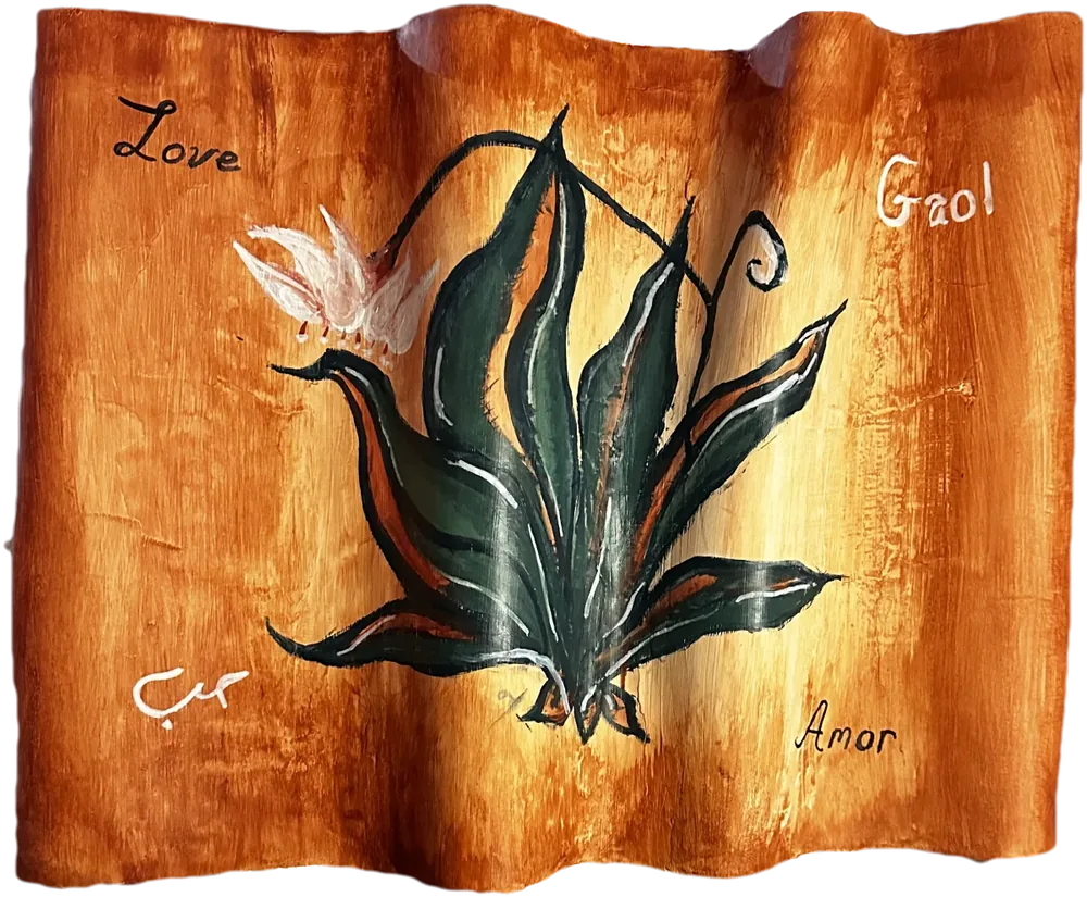 Universal Love, a wavy 3D plaster artwork made to look like a vintage book page: a dark green plant with a white flower on an orange and gold background, with the word love written in several languages.